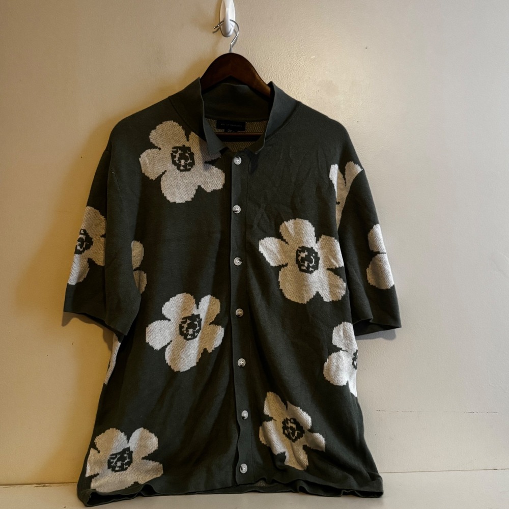 Art of Rhetoric Men's XL Floral Knit Button Down Shirt Sage Green Short Sleeve